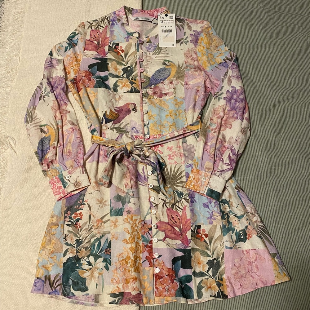 ZARA Floral Linen Mini Dress Size Medium M NWT